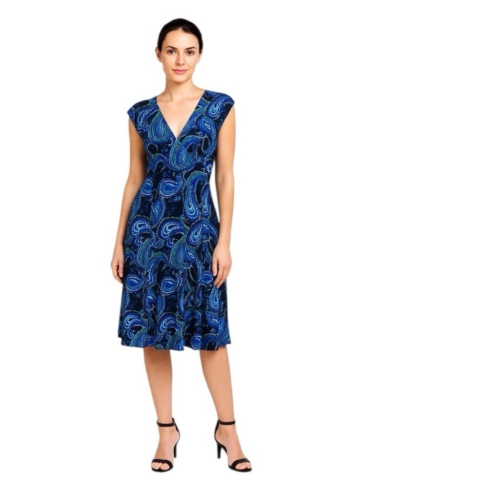 Chaps Corpcore Blue Paisley V-Neck Academia Preppy Versatile Midi Dress Size S